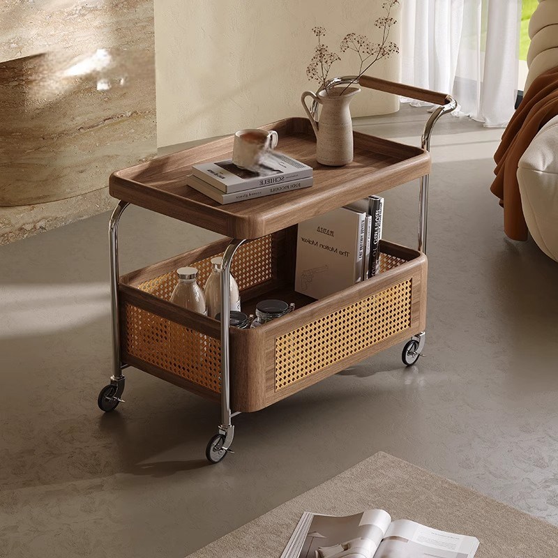 热销实木可移动边几收纳中古小推车客厅沙发储物置物架藤编简约餐