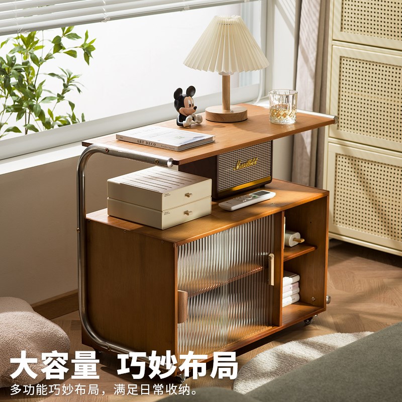热销可移动沙发边几边柜中古风玻璃门床头侧边柜小茶几小推车简约