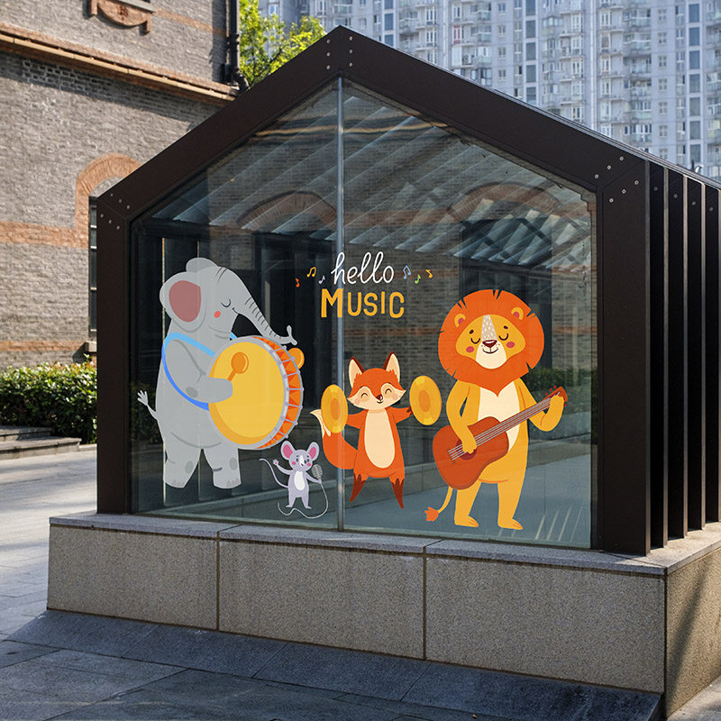 热销卡通动物乐队音乐主题玻璃装饰静电贴画亲子酒店儿童乐园橱窗