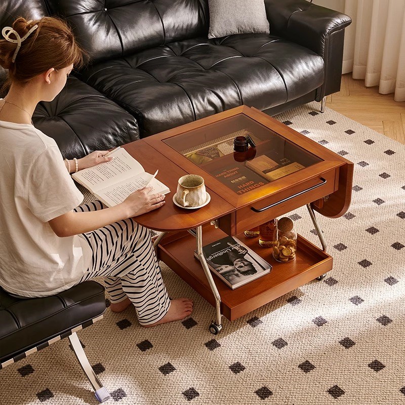 热销轻奢中古北欧实木折叠茶几小户型沙发边几可移动推车复古折叠