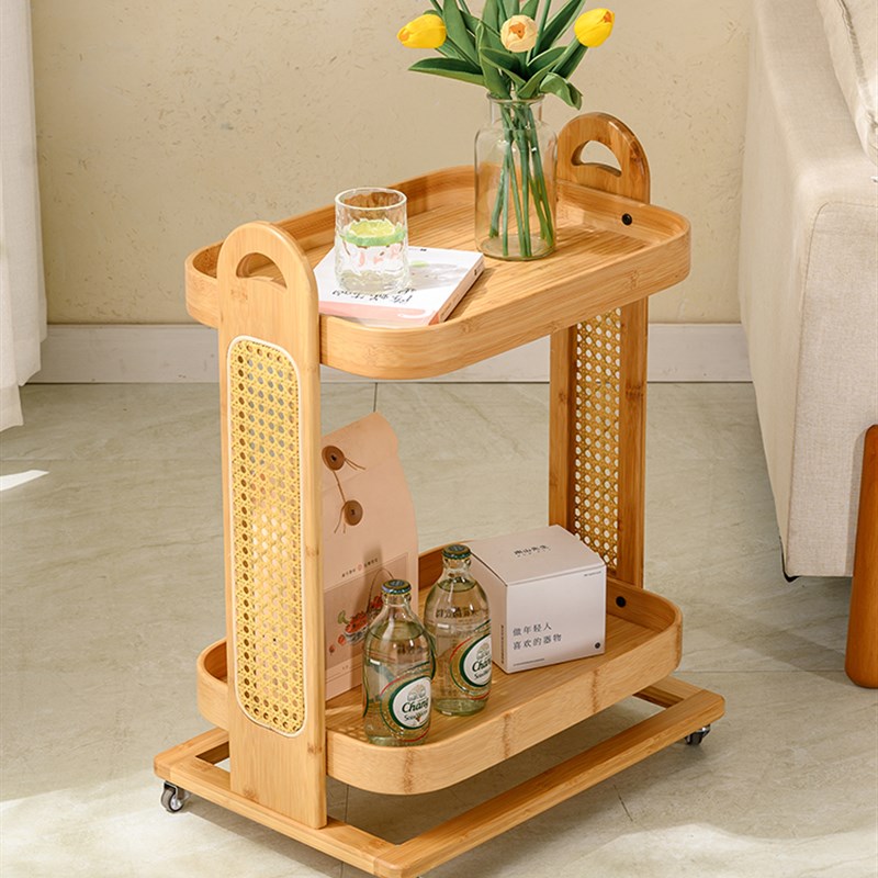 热销可移动边几客厅家用零食小推车沙发多层置物角几茶桌边柜藤编