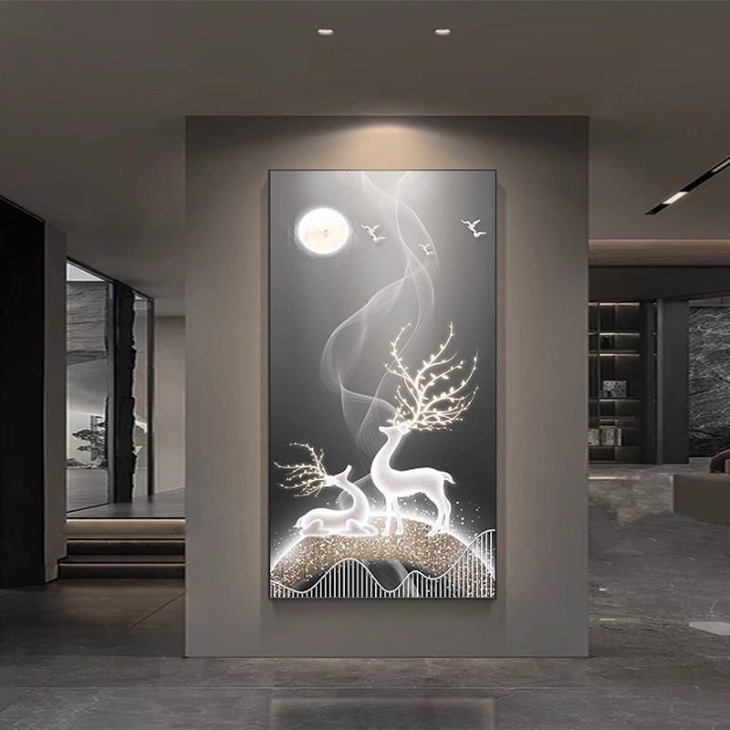 热销发光北欧麋鹿轻奢入户玄关装饰画现代简约晶瓷走廊过道单幅画图片