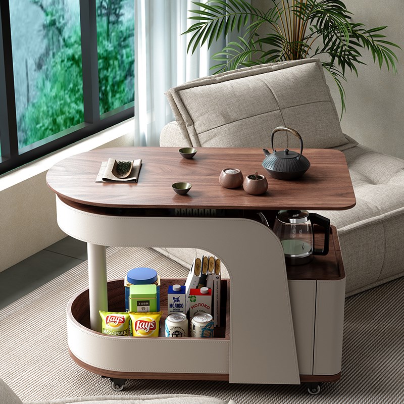 热销可移动实木阳台茶水小推车客厅家用升降茶几轻奢马鞍皮沙发边
