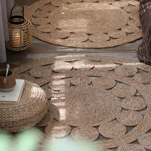 手工蒲草编织圆形地垫北欧环保民宿客厅茶几垫民族风镂空图案地毯