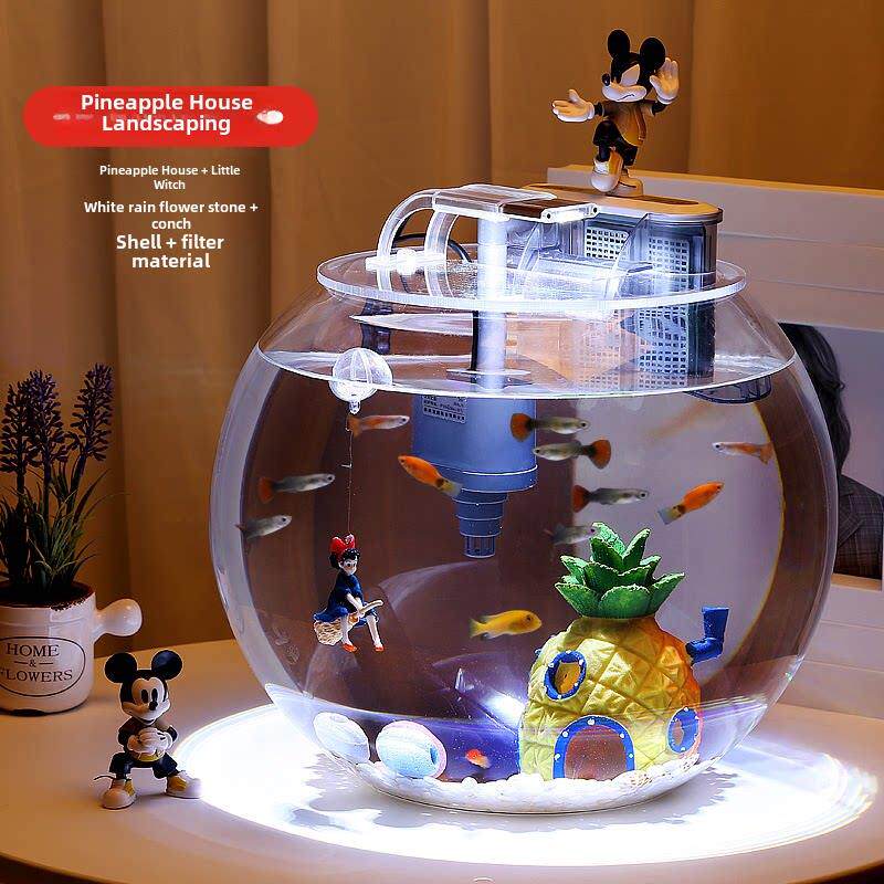 新款超白玻璃鱼缸客厅家用桌面小型免换水懒人生态圆形金鱼缸造景