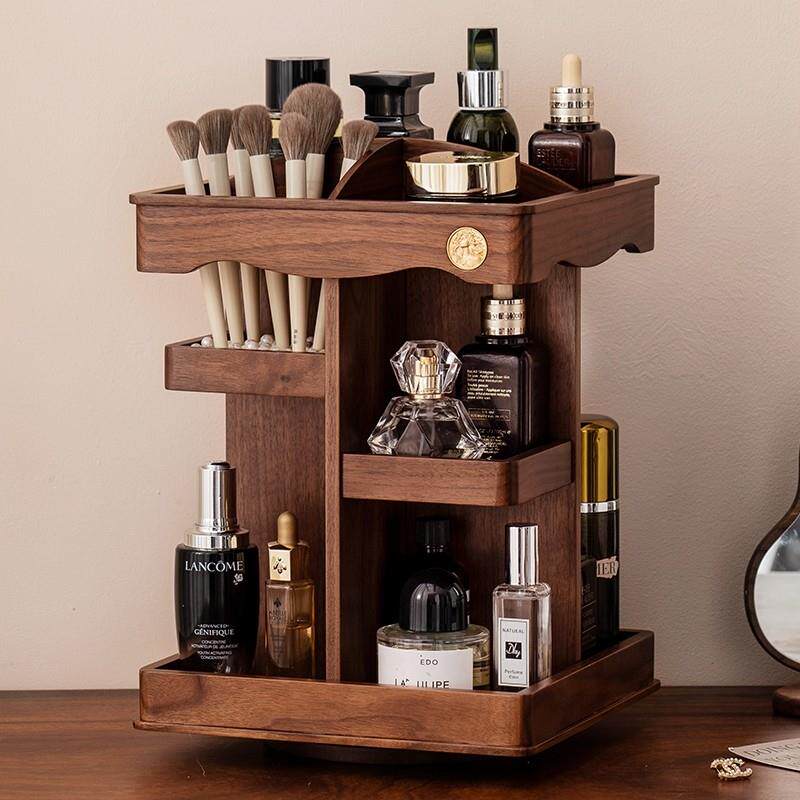 化妆品收纳盒桌面高级感旋转木质护肤香水化妆台大容量新款置物架