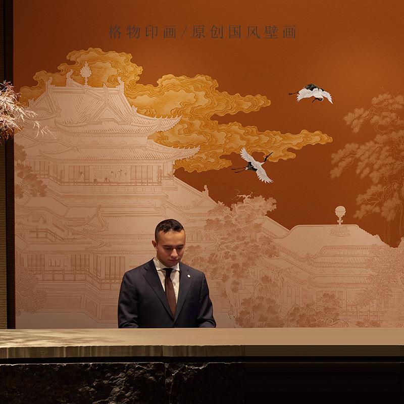 新款新中式祥云楼阁壁纸中国风硬包背景墙纸酒店壁画饭店餐厅装饰图片