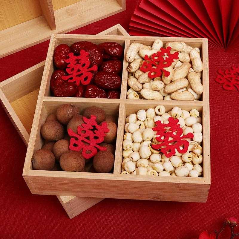 直销新款婚庆用品大全结婚竹制早生贵子四宫格干果盘婚礼装饰压床