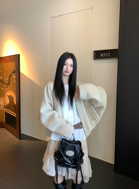 Joeyoo春季新款宽松慵懒风可拆卸毛领开衫女设计感小众短款外套潮