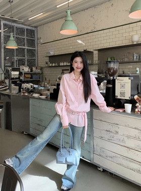 Joeyoo新款宽松设计感粉色衬衫女早秋韩系单穿收腰衬衣长袖上衣潮