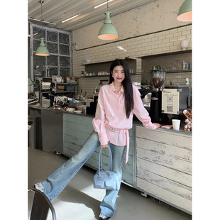 Joeyoo新款宽松设计感粉色衬衫女早秋韩系单穿收腰衬衣长袖上衣潮