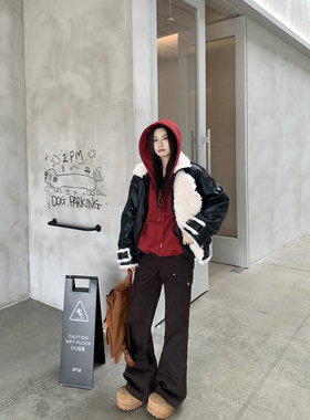 Joeyoo秋冬新款宽松复古红色抽绳加绒卫衣女连帽加厚保暖百搭外套