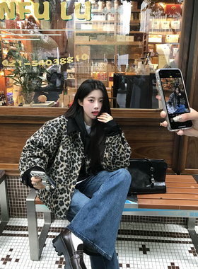 Joeyoo秋冬巨好看洋气撞色翻领豹纹外套女2025新款保暖加厚夹克潮