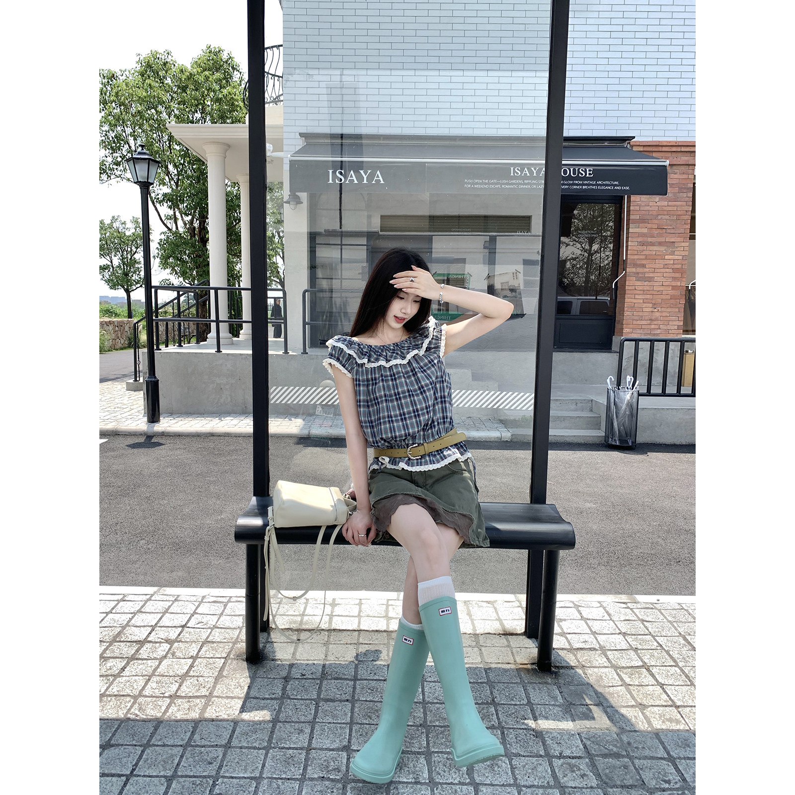 Joeyoo夏季新款设计感荷叶边一字肩格纹衬衫女短袖抽绳收腰上衣潮