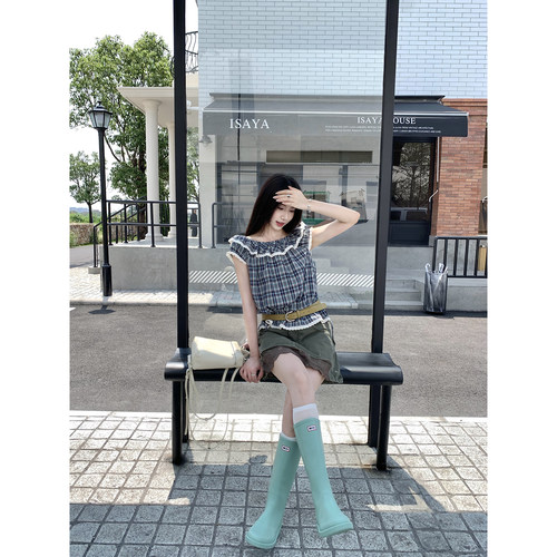 Joeyoo夏季新款设计感荷叶边一字肩格纹衬衫女短袖抽绳收腰上衣潮