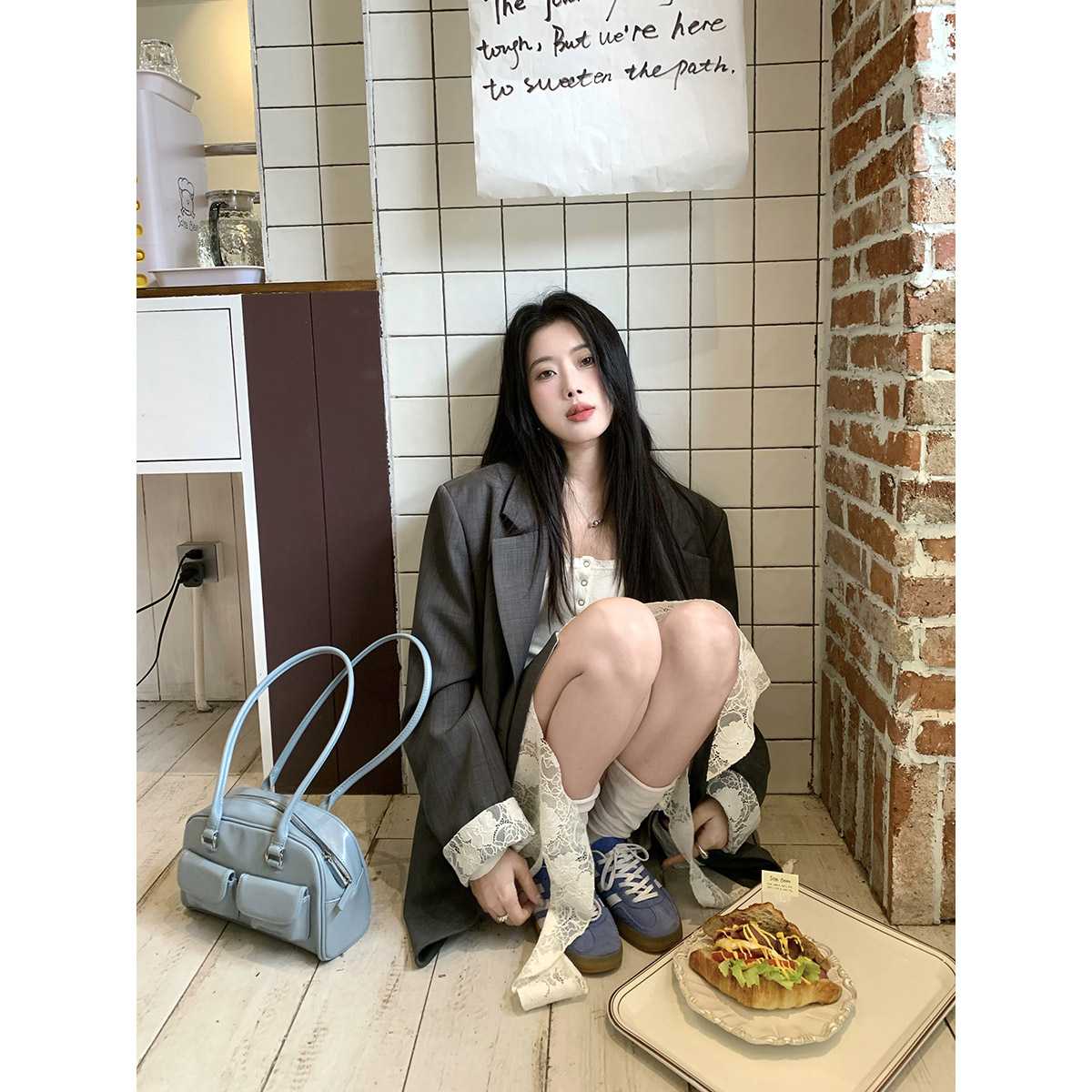 Joeyoo 日漫少女 灰色西装女早秋韩系蕾丝拼接袖口西服外套