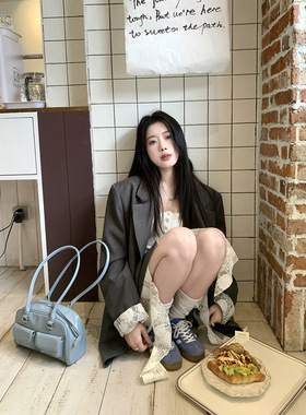 Joeyoo 日漫少女 灰色西装女早秋韩系蕾丝拼接袖口西服外套