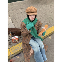 Joeyoo新款设计感粗花呢格纹毛呢外套女秋冬韩系长款咖色呢子大衣