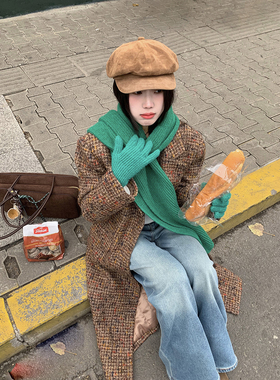 Joeyoo新款设计感粗花呢格纹毛呢外套女秋冬韩系长款咖色呢子大衣