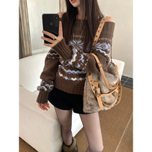 Joeyoo冬季新款设计感咖色一字肩费尔岛毛衣女可外穿内搭针织衫潮