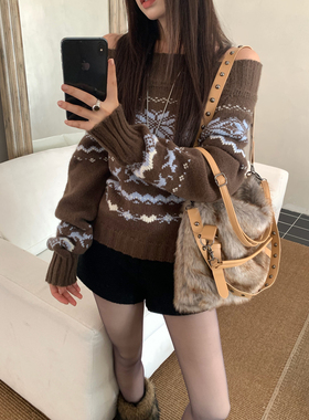 Joeyoo冬季新款设计感咖色一字肩费尔岛毛衣女可外穿内搭针织衫潮