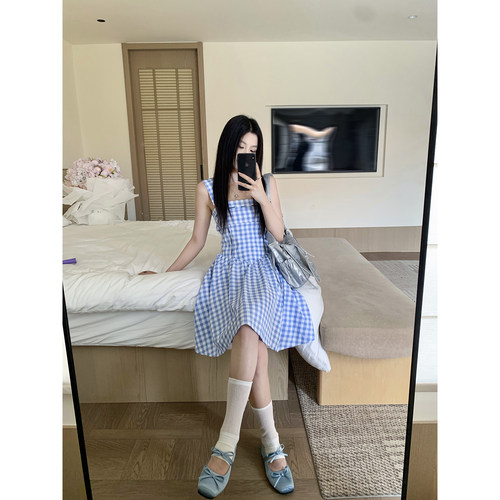 Joeyoo新款设计感蓝色方领格纹连衣裙女夏中长款收腰可调节背带裙