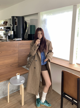 Joeyoo秋冬新款宽松单排扣卡其色毛呢外套女中长款过膝呢子大衣潮