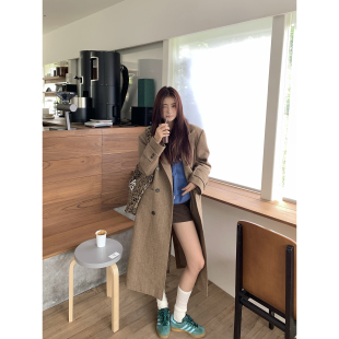 Joeyoo秋冬新款宽松单排扣卡其色毛呢外套女中长款过膝呢子大衣潮