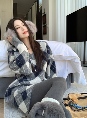 Joeyoo秋冬新款宽松设计感菱格针织套装女针织衫半身短裙两件套潮