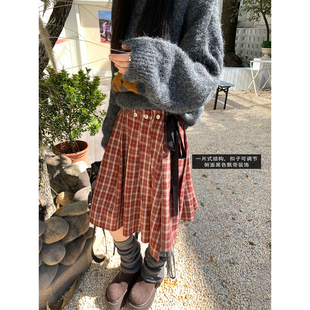 Joeyoo春季新款设计感一片式飘带格子半身裙女中长款高腰百褶裙子