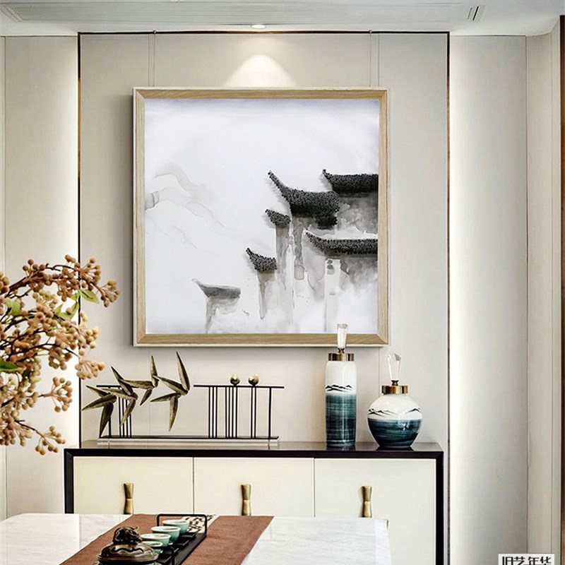 新中式简约抽象建筑马头墙装饰画茶室抽象手绘水墨实物立体工艺画图片