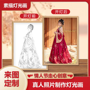 素描画像8寸相框摆台情侣照片定制创意生日礼物小夜灯diy灯光画