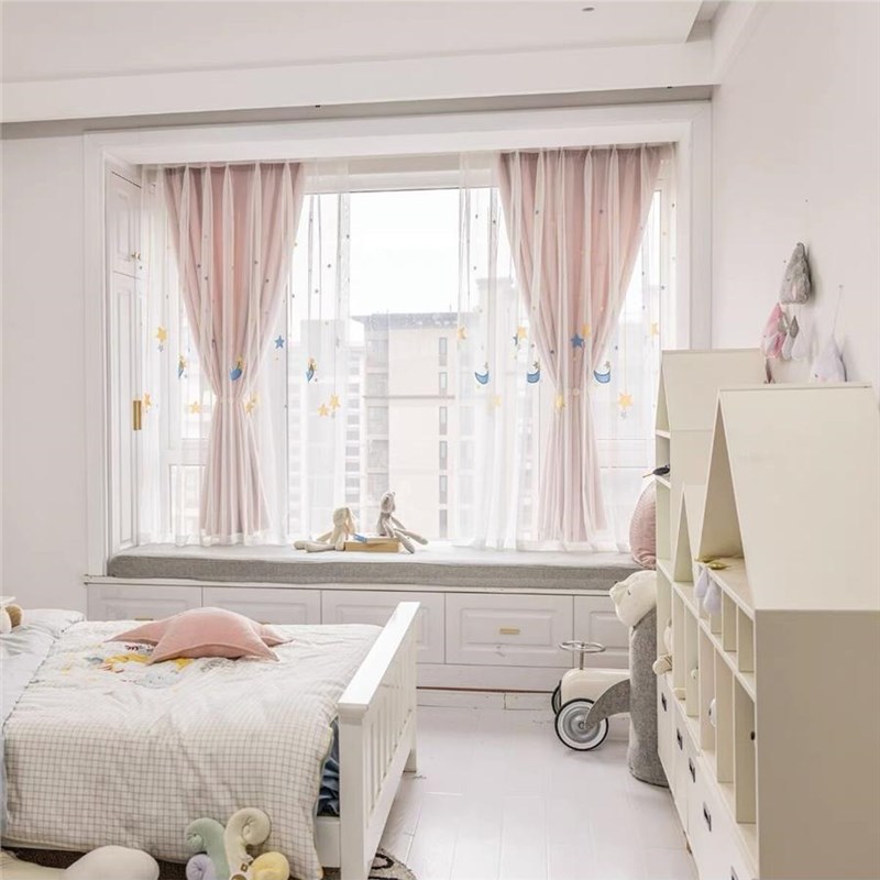儿童房布纱一体窗帘卧室遮光双层纱帘飘窗粉色女孩房2024年新款布