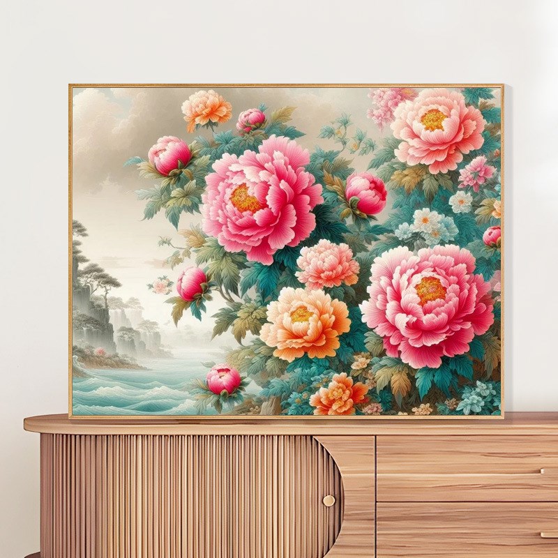 新中式装饰画diy数字油画牡丹B花卉填充油彩画填色丙烯画手工礼物图片