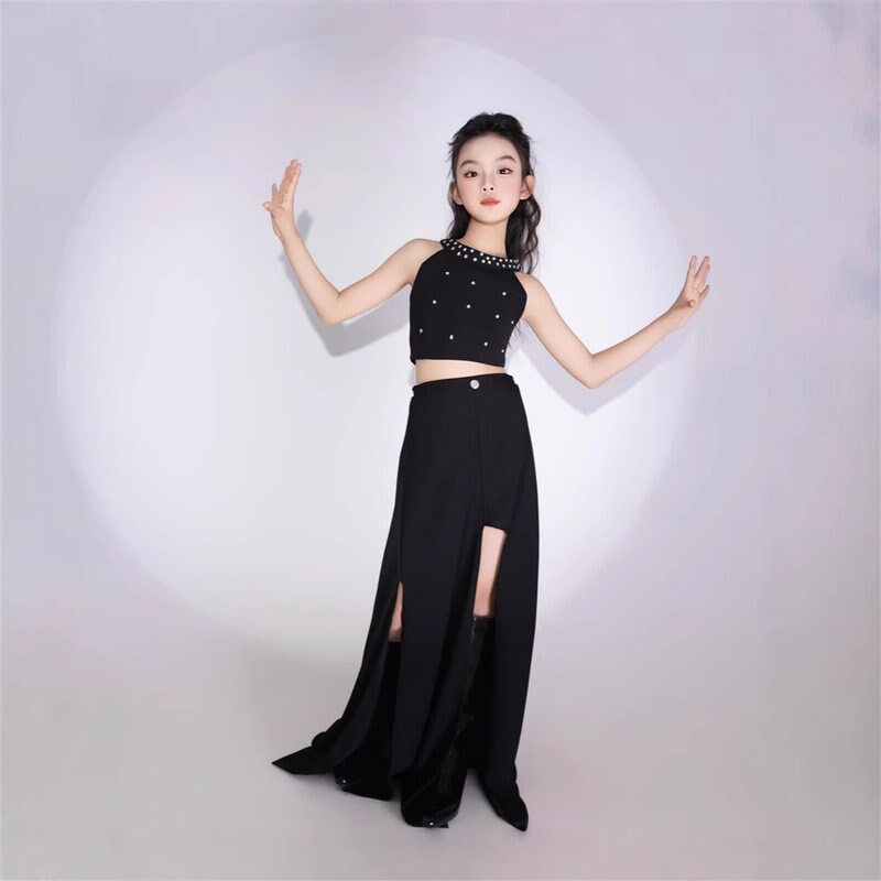 黑色模特T台走秀礼服女童表演服A摄影生日重工钻闪亮套装背心长裙