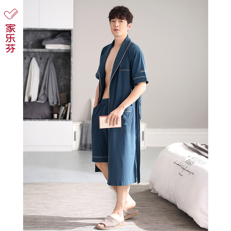 【柔感】睡衣男士睡袍p男款浴袍式大衣夏款夏季薄款纯棉短袖两件