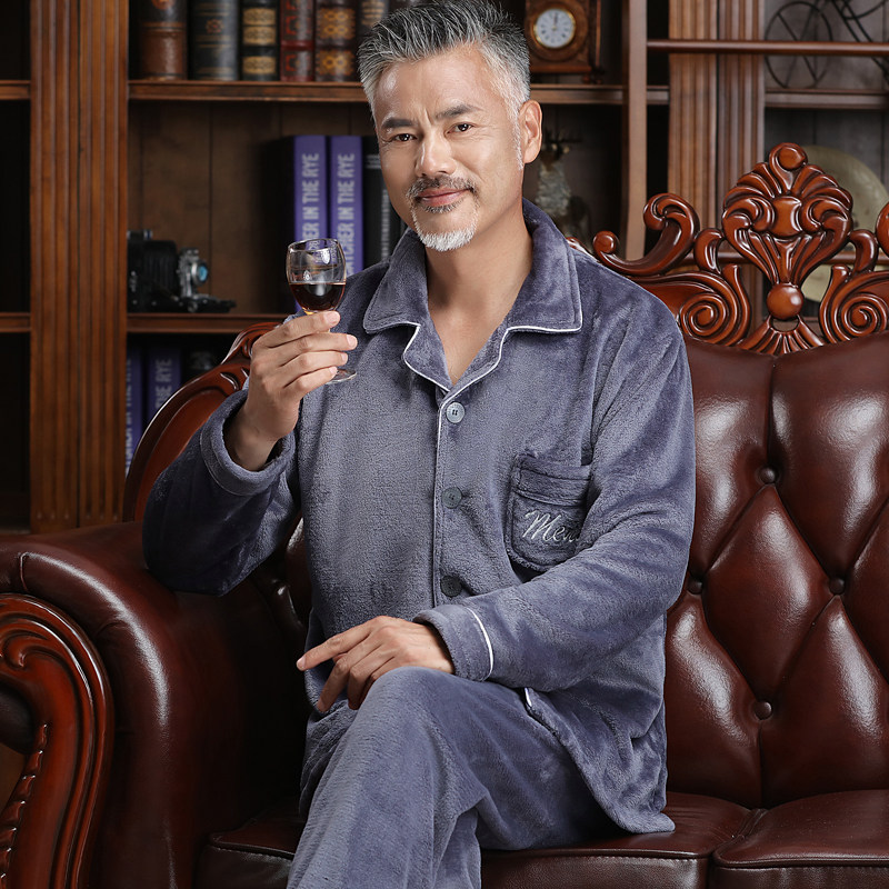 秋冬季加厚珊瑚法兰绒睡衣中年男士大码家居服中R老年长袖老人套