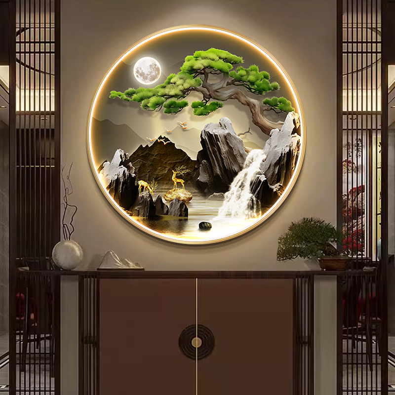 流水生财新中h式圆形玄关装饰画寓意好壁画大气山水画客厅挂画