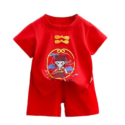 红色满月宝宝衣服婴儿百天夏季薄款周岁礼服短袖女宝W套装百岁宴
