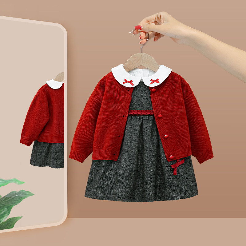 女童套装秋装2023新款女宝宝洋派E三件套小孩童春秋季周岁礼服套
