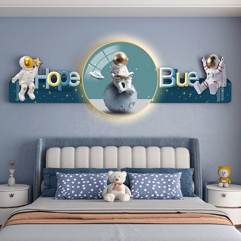 男童房间b装饰画宇航员太空男孩卧室床头挂画儿童房led氛围灯壁画