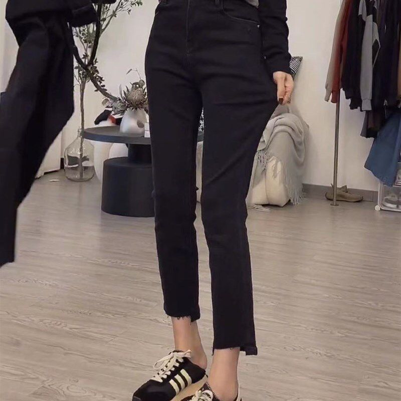 春季新款显d瘦高腰大码牛仔裤女胖妹妹弹力九分小直筒烟管裤子八