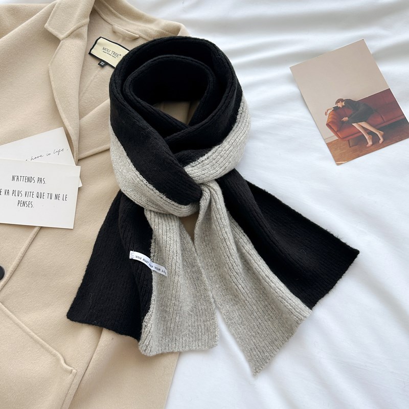 黑灰拼色针织粗毛线厚围巾男女生秋冬季生日礼物短V小围脖护颈软