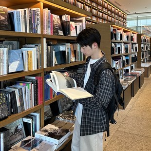 黑格子长袖衬衫h男生休闲宽松衬衣慵懒风垂感春秋季韩版上衣外套