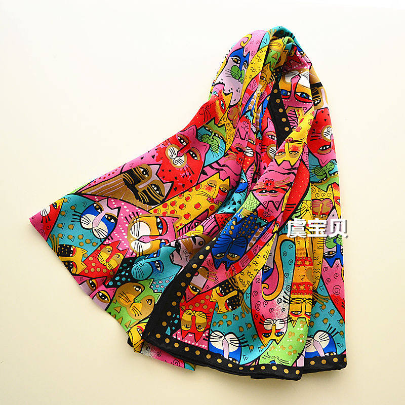 彩虹猫咪丝巾真丝丝绸桑蚕丝泰国旅E游拍照长围巾女春夏防晒披肩