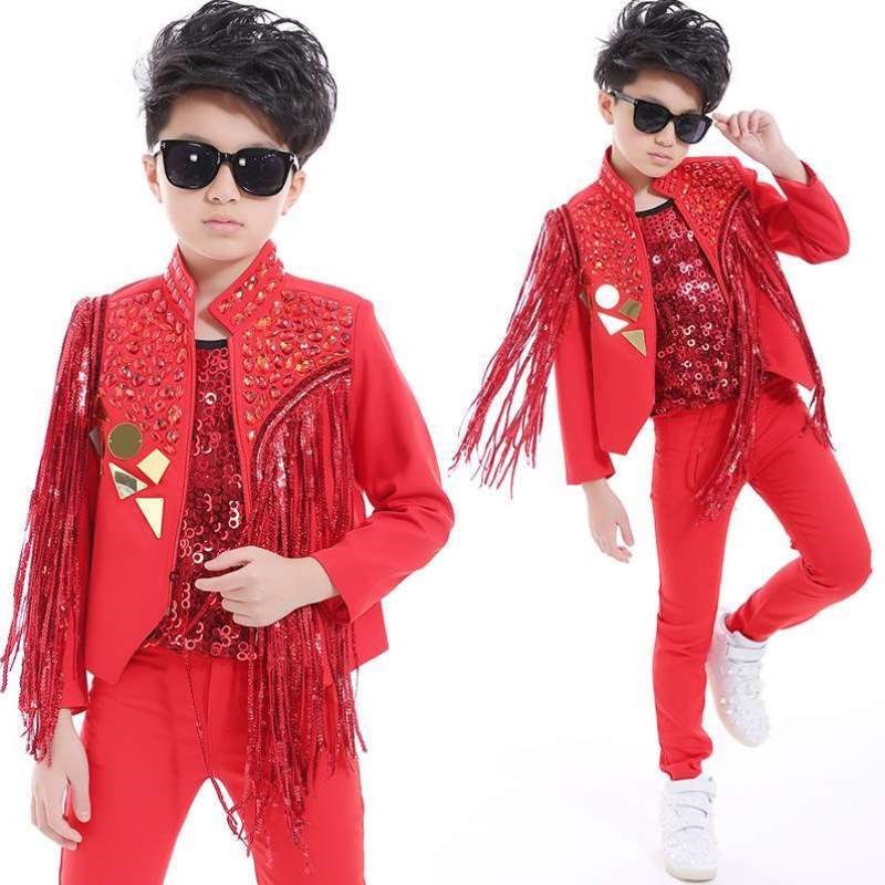 亮片主持人流苏服装演出表演男童歌手舞台六一套装架子鼓模特走秀