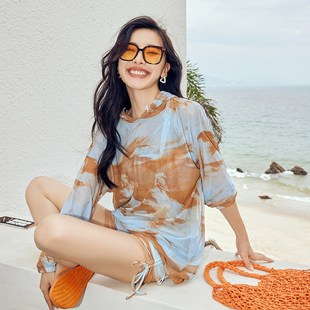 胖妹妹遮肉扎染花温泉 宽松外搭度假长袖 泳衣女大码 三件套连帽罩衫