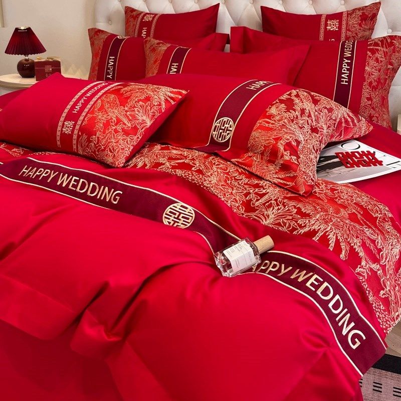 浮雕刺绣结婚四件套婚庆大红色全棉被套新婚喜被床单被套