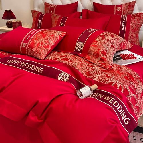 浮雕刺绣结婚四件套婚庆大红色全棉被套新婚喜被床单被套