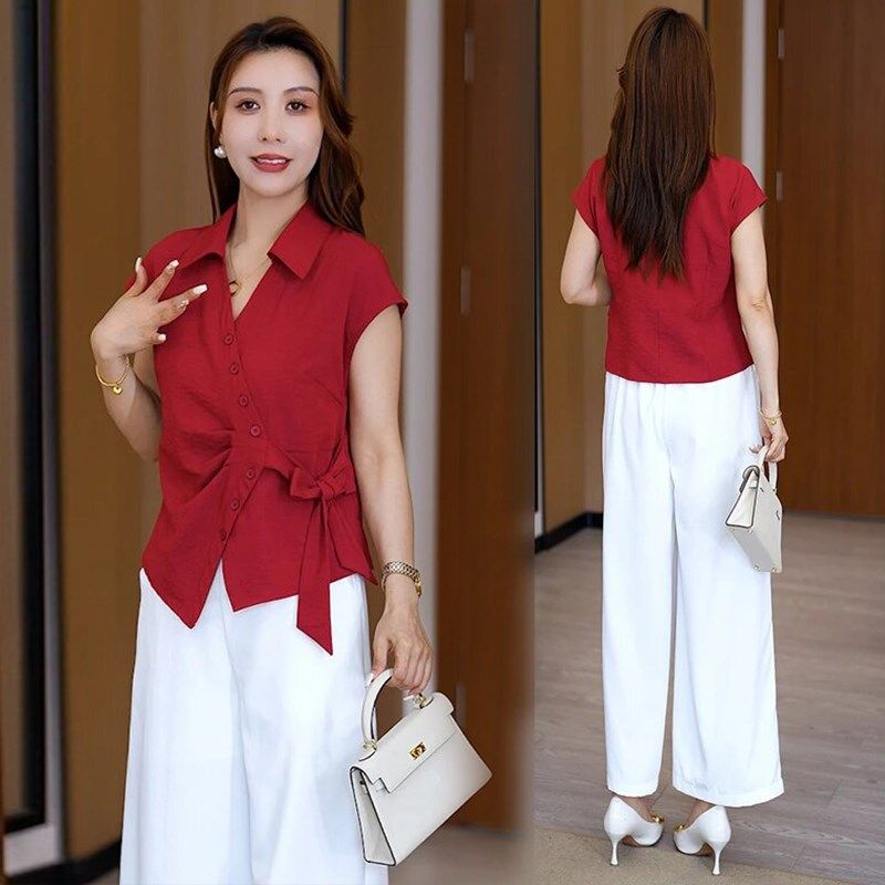 洋气不规则设计感衬衫阔腿裤两件套女夏季新时尚气质法式时髦套装